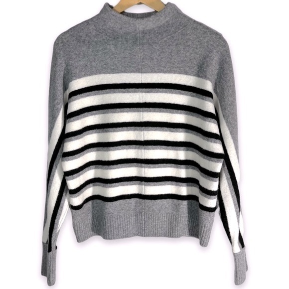 LOFT Wool Blend Mock Neck Dolman Sleeve Sweater, Grey Stripe, Size XS - Picture 2 of 8